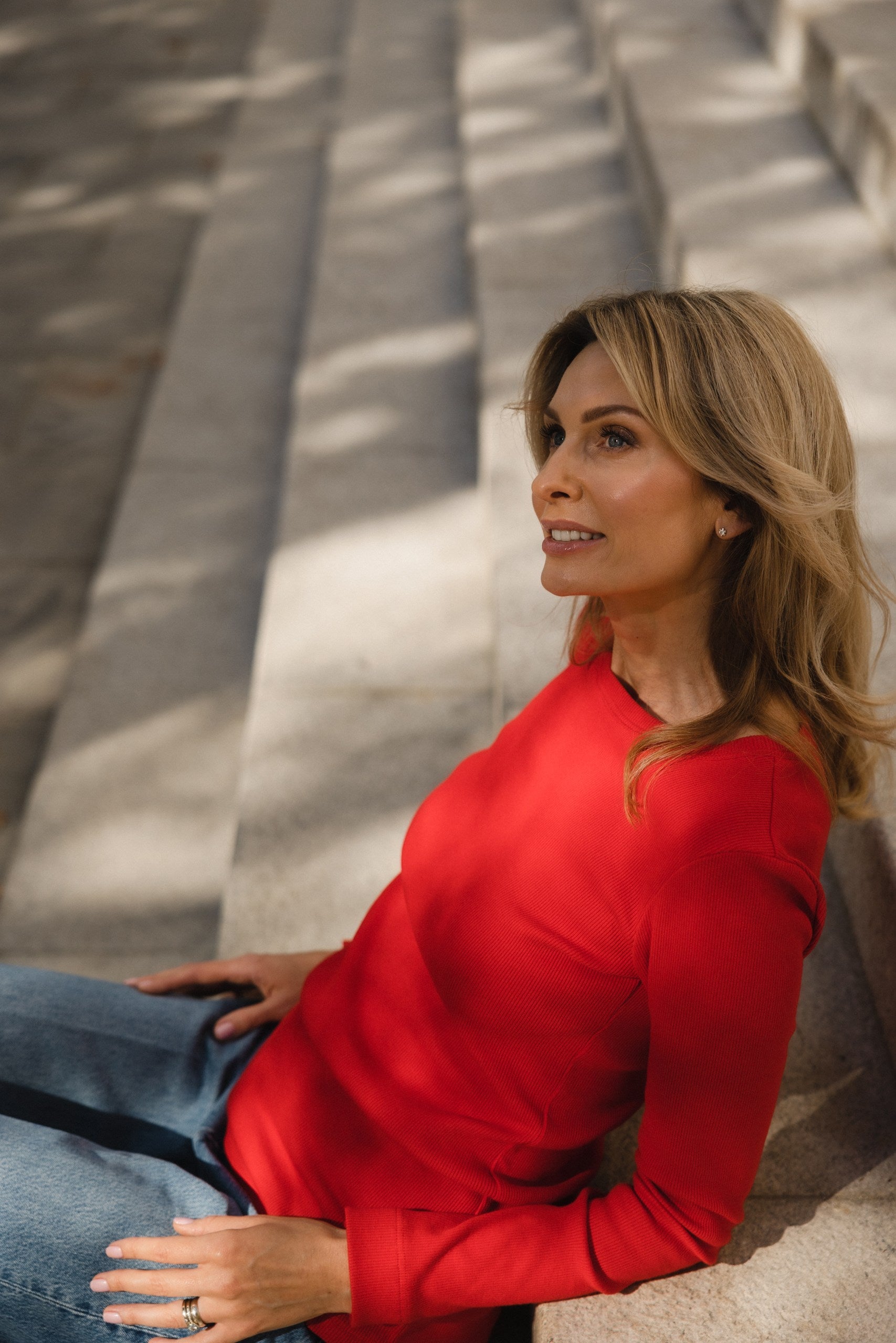 Simplex Long Sleeve Rib Tee in Red