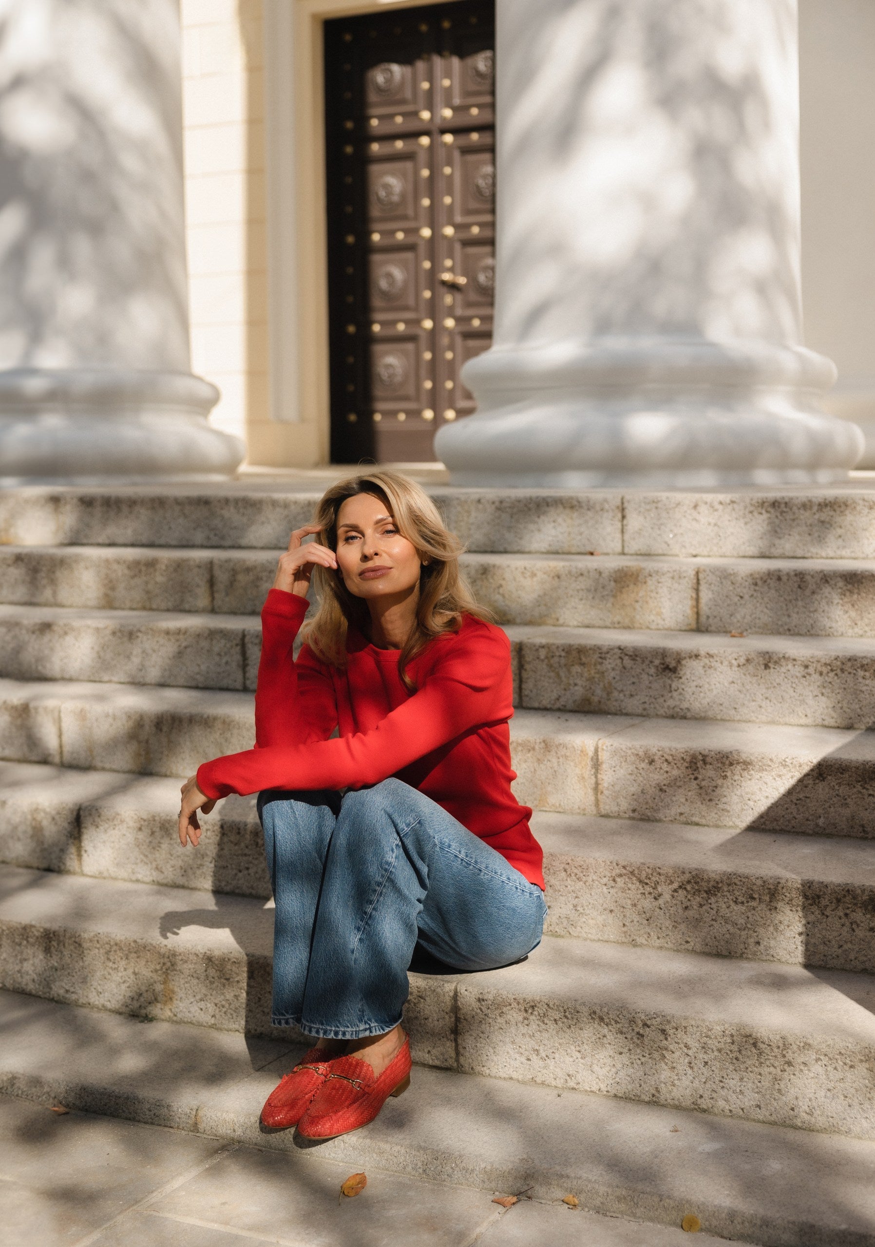 Simplex Long Sleeve Rib Tee in Red