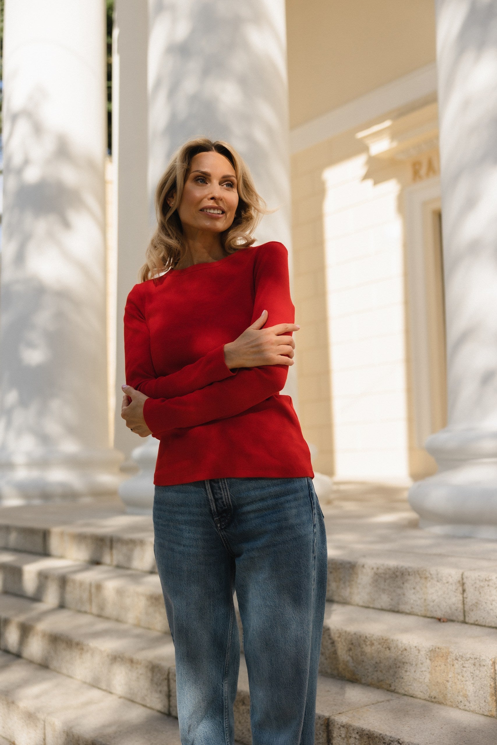 Simplex Long Sleeve Rib Tee in Red