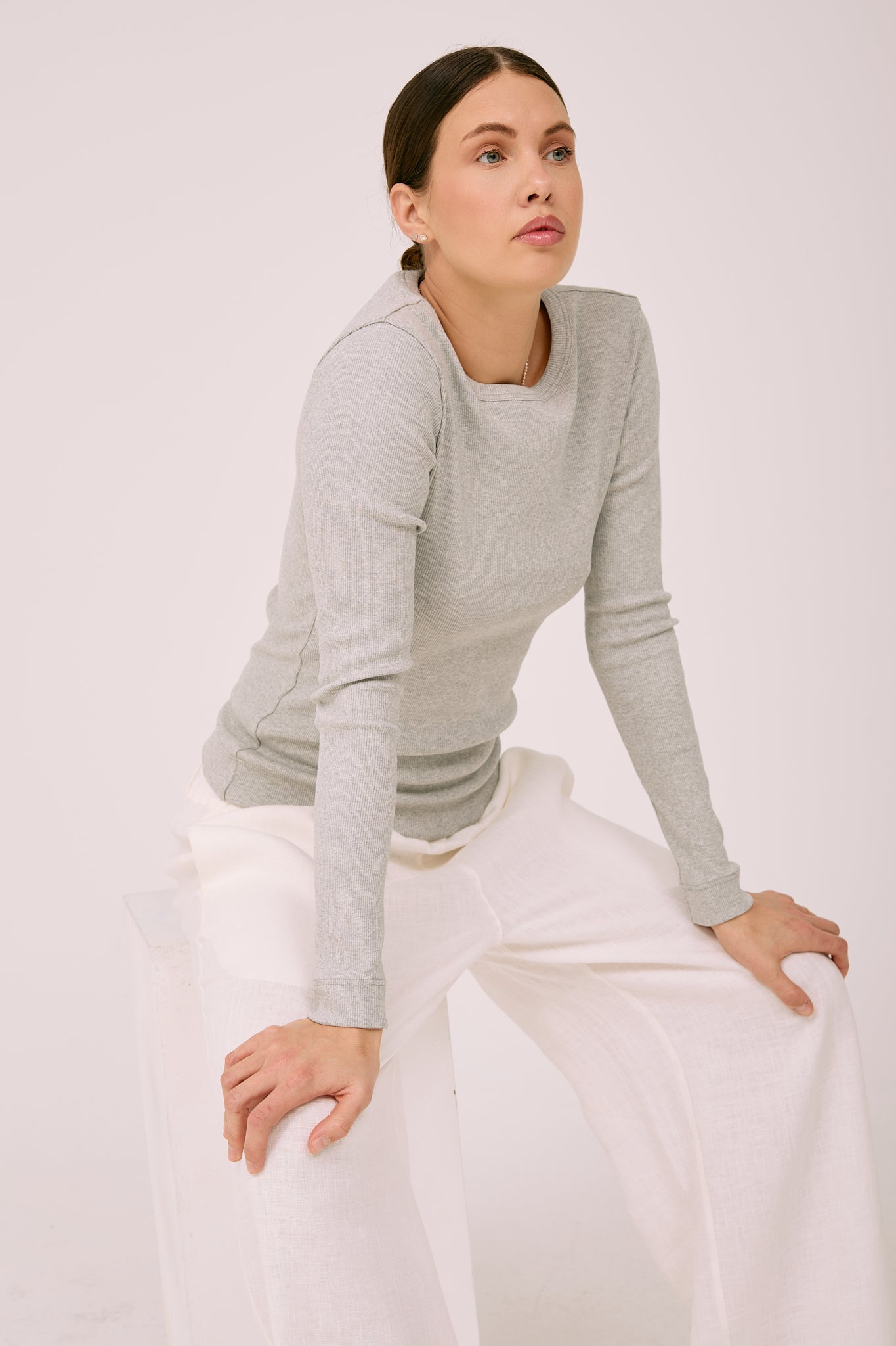 Simplex Long Sleeve Rib Tee in White